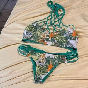 San Lorenzo Tropical Pineapple Print Green & Orange Reversible Strappy Bikini